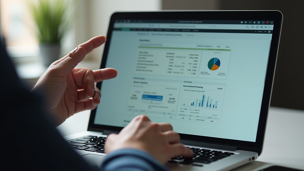 Close-up view of a consultant explaining payroll data on a laptop screen