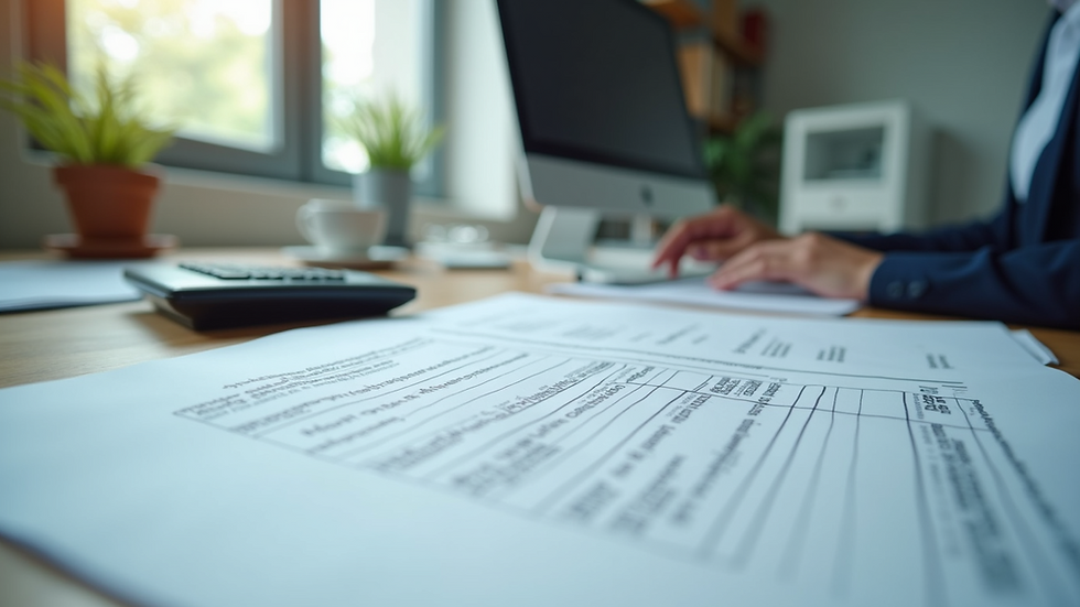 Eye-level view of a modern office desk with payroll documents and a calculator