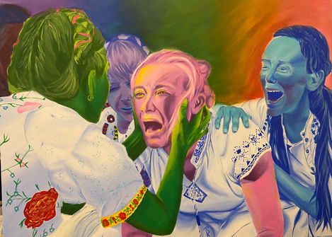 a green woman holding the face of a pink woman who is screaming in pain. Two other women join in screaming.