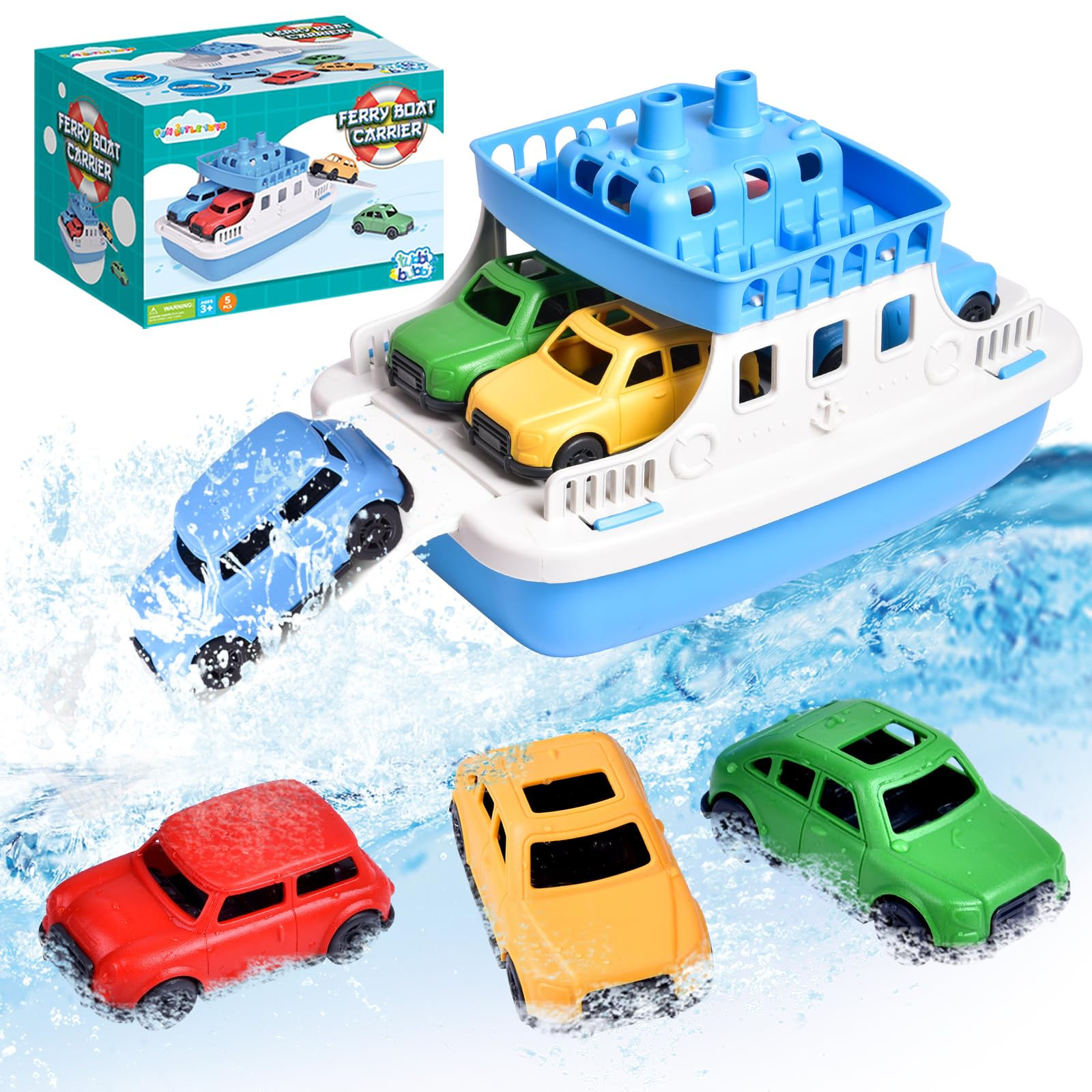 Ferry Boat Bath Toy Set – 4 Mini Cars | Toddler Water Toy