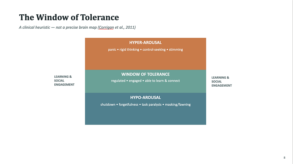 Una forma útil de visualizar esto es mediante la ventana de tolerancia, una heurística clínica, no un mapa preciso del cerebro (Corrigan et al., 2011). Dentro de esta ventana, el joven se encuentra regulado, comprometido y capaz de aprender y conectar. Por encima de ella se halla la hiperactivación: pánico, pensamiento rígido, búsqueda de control, autoestimulación. Por debajo se encuentra la hipoactivación: bloqueo, olvido, parálisis de la tarea, enmascaramiento o adulación excesiva. El objetivo de una base segura no es impedir que el joven abandone la ventana, sino ser el lugar confiable al que pueda regresar cuando lo haga.