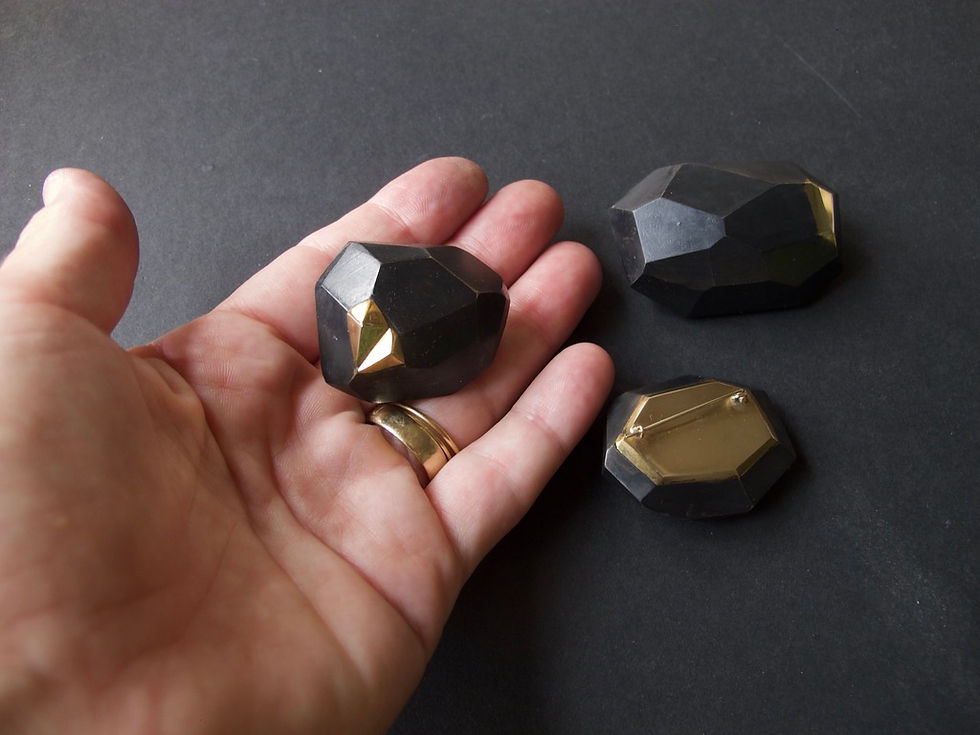 Thumbnail: Ebonized faceted wood brooch with brasss