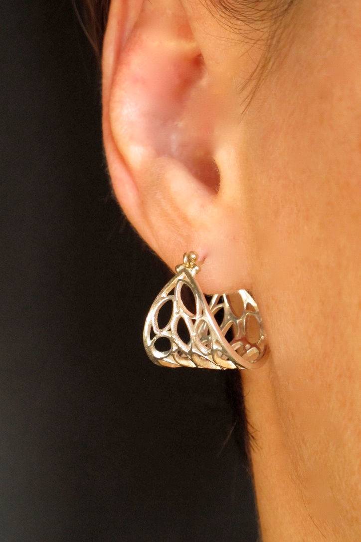 Thumbnail: Wide sterling silver leaf hoops