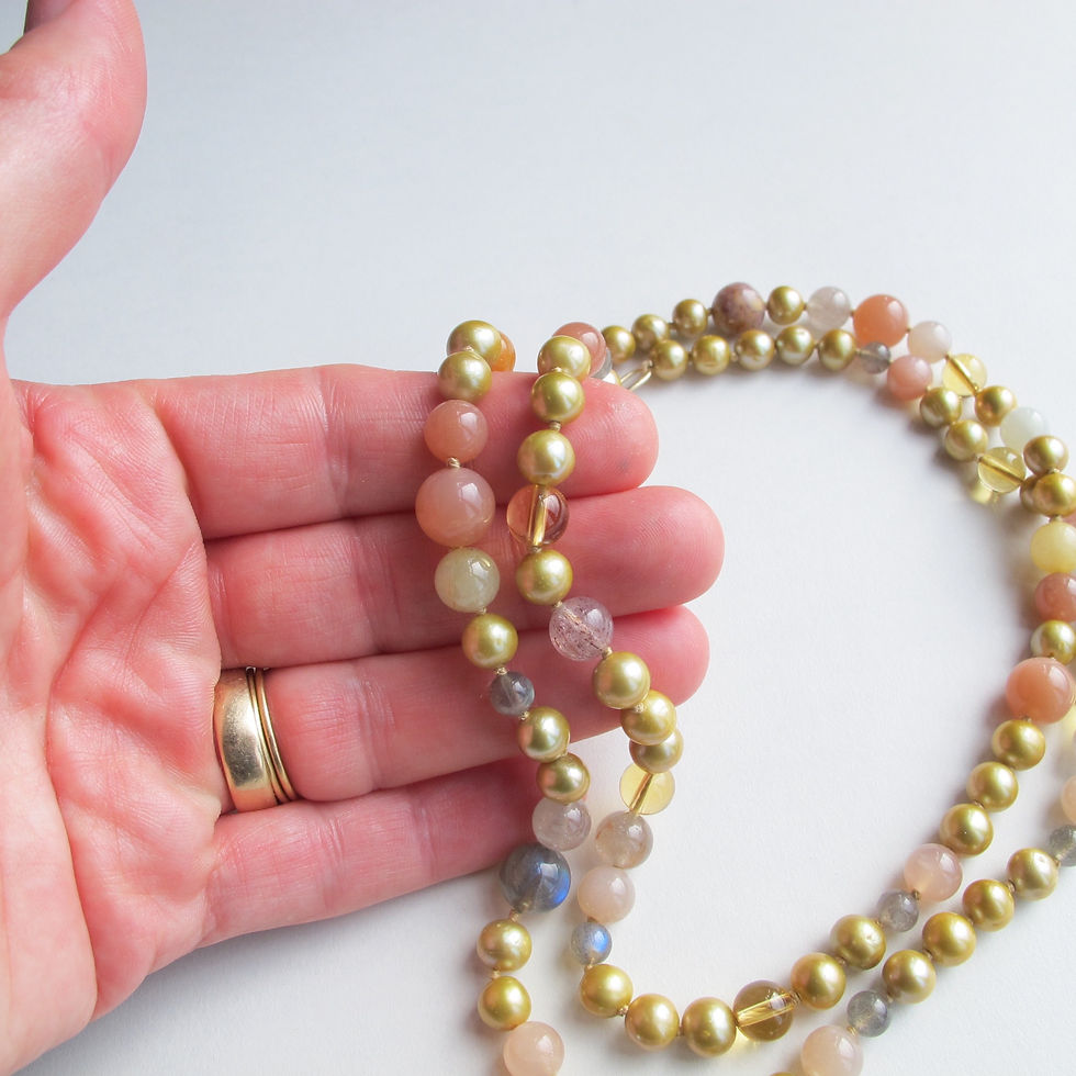 Thumbnail: Gold pearl and mixed gemstone long strand necklace