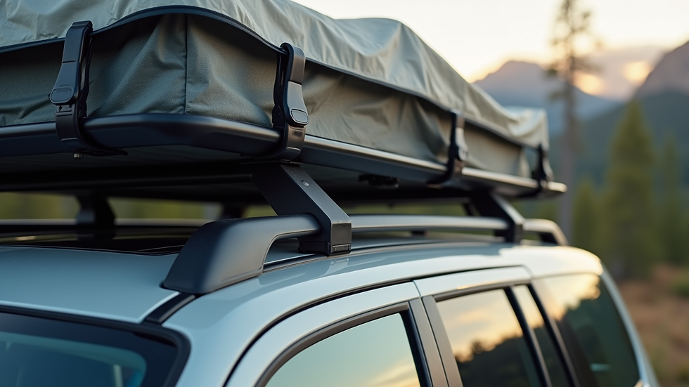 Close-up view of a roof rack mounted on a Toyota vehicle with camping gear attached