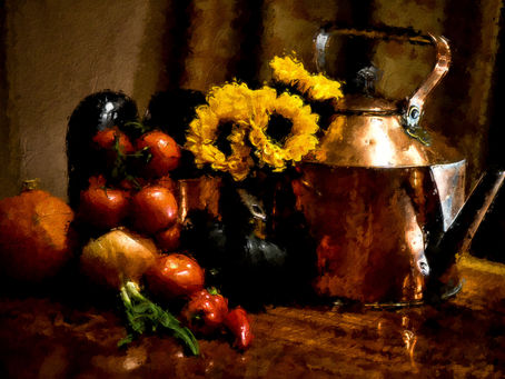 Digital Still Life Painting. Copper, Sunflowers, and Vegetables