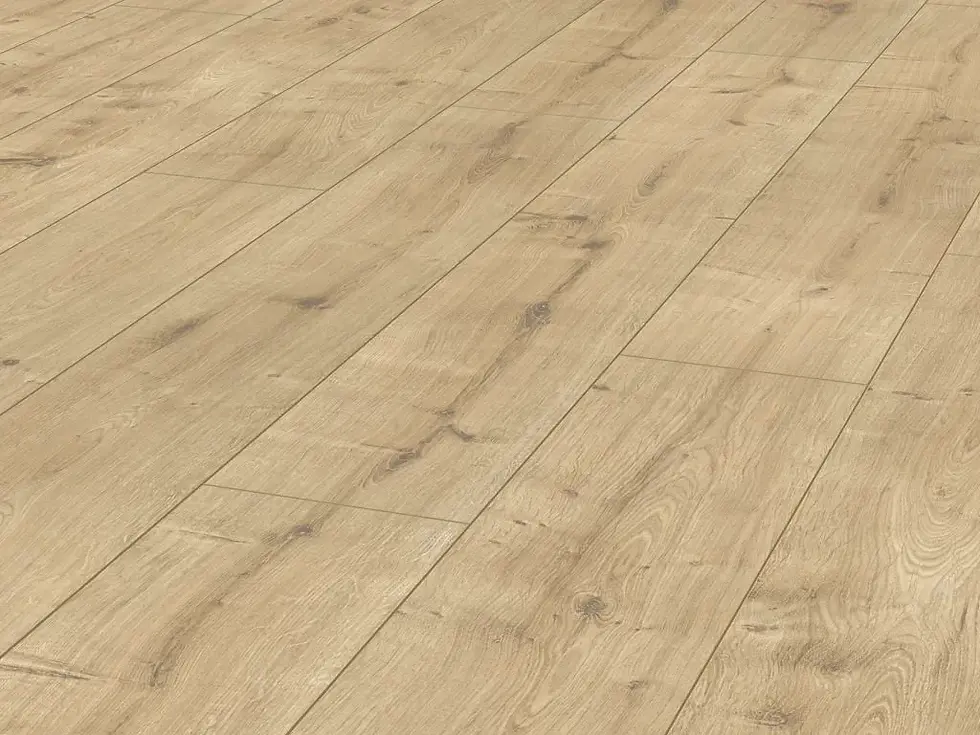 Canadia New Hampshire Oak 12mm AC4 laminate flooring with wide 196mm planks and realistic natural oak grain.