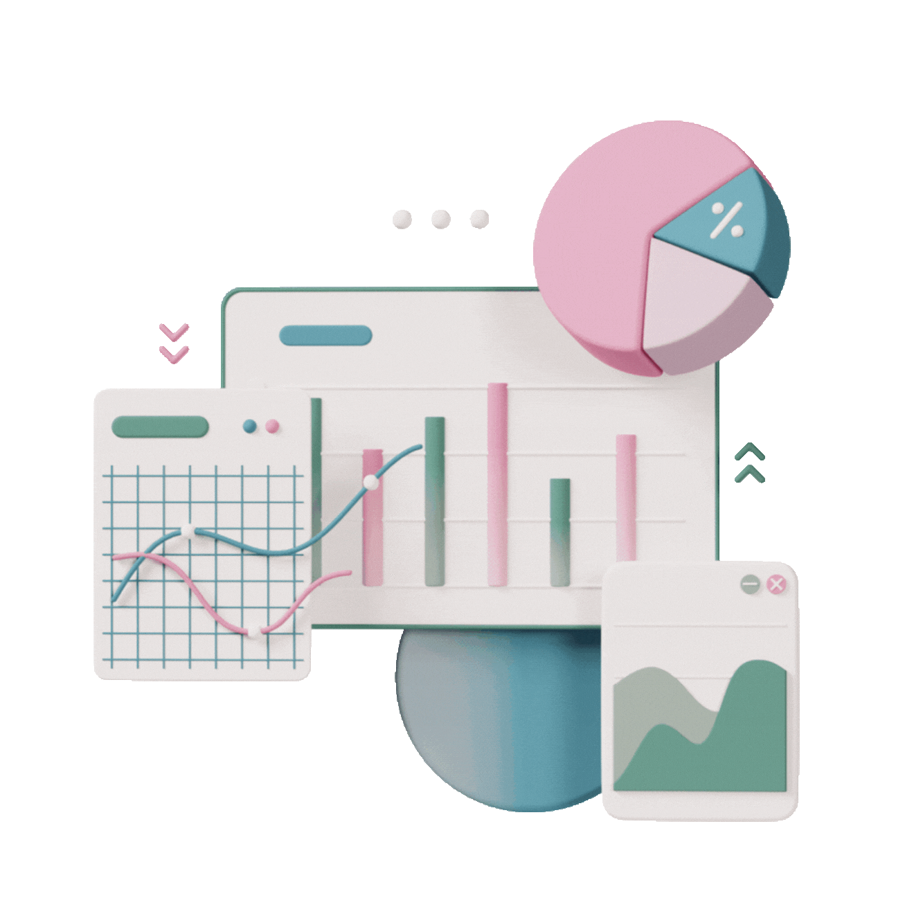 Illustration verschiedener Datenvisualisierungen mit Balkendiagramm, Liniendiagramm, Kreisdiagramm und Trendverlauf – Symbol 