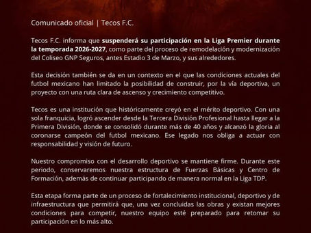 Tecos de la UAG suspende su participación en la Liga Premier para la temporada 2026-2027