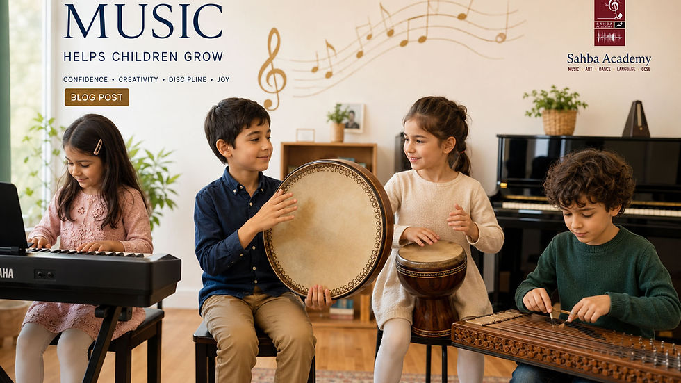 Children learning piano, daf and traditional Persian music instruments during a music lesson at Sahba Academy in Manchester.