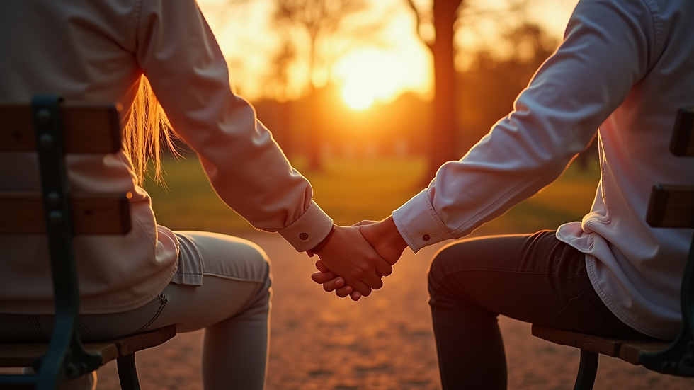 Close-up view of a couple holding hands on a park bench during sunset