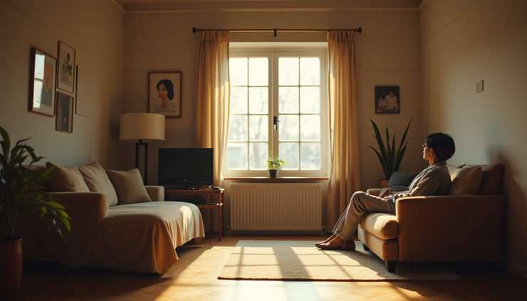 Eye-level view of a single person sitting peacefully in a cozy room with soft natural light