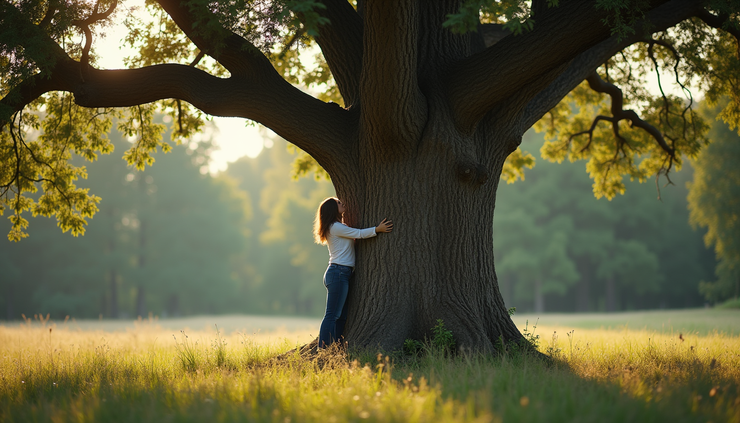 Eye-level view of a person hugging a large oak tree in a quiet forest clearing
