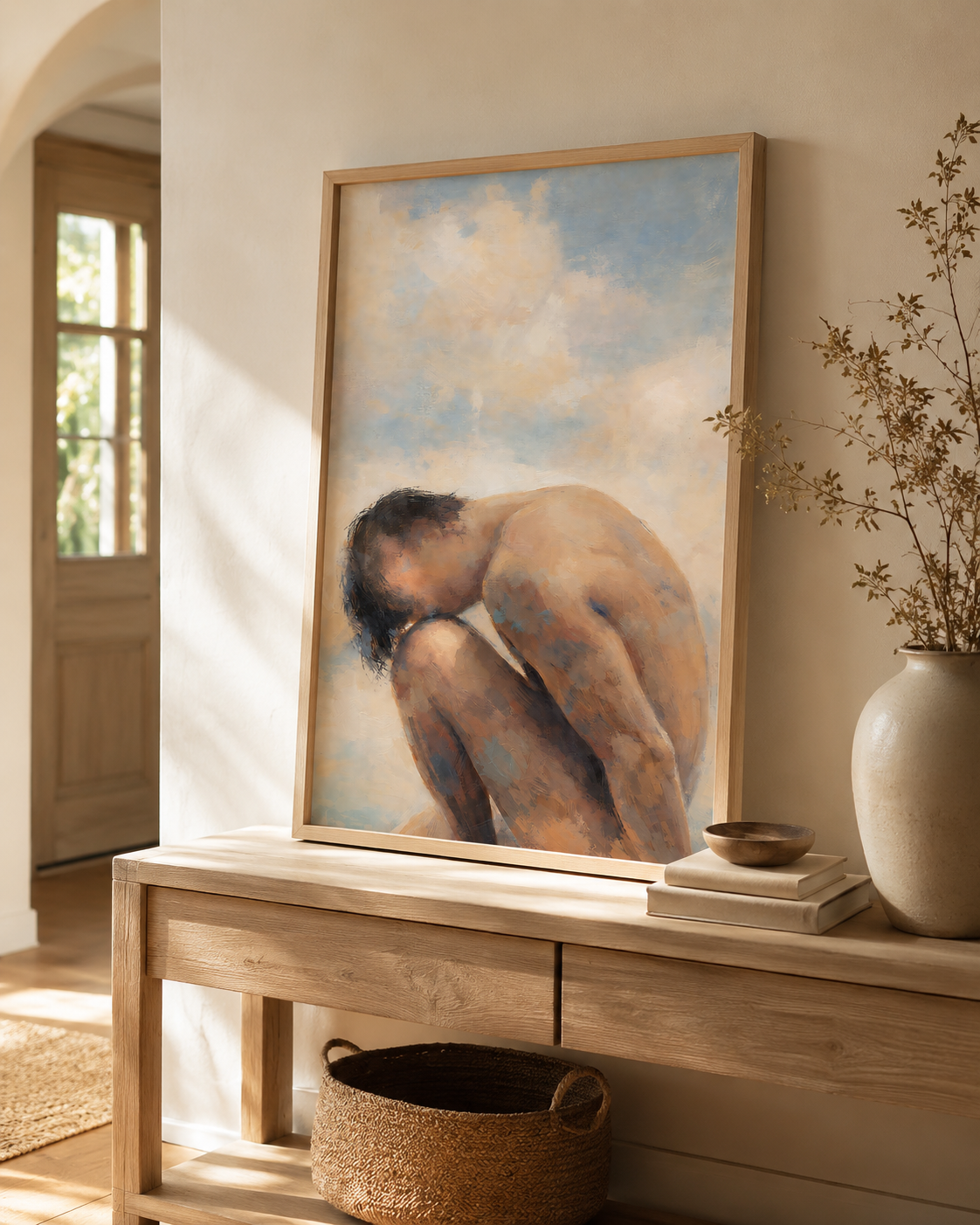 Curled Male Figure Wall Art, Soft Figurative Print