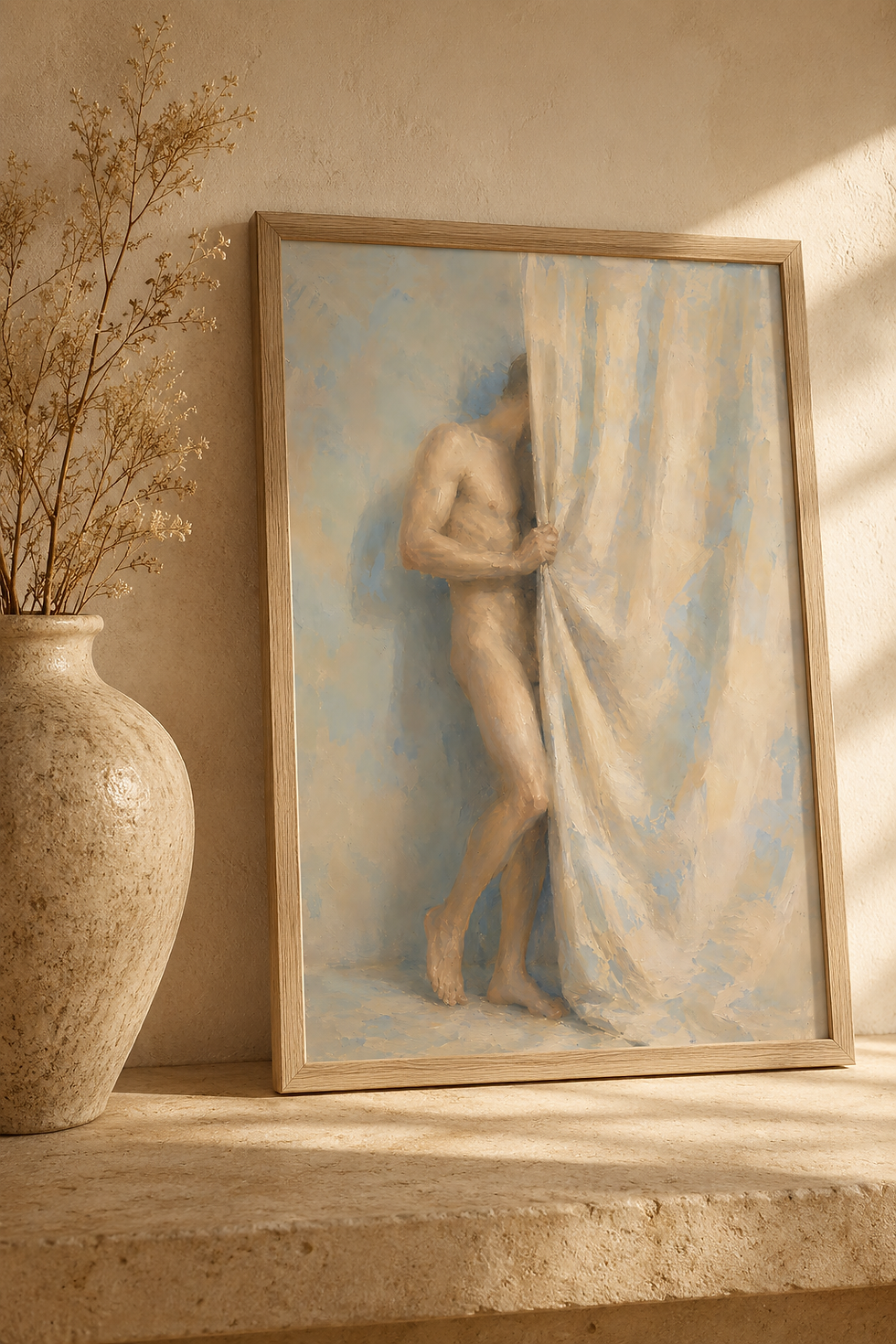 Thumbnail: Male Figure Behind Curtain Art Print, Painterly Nude Male Wall Art