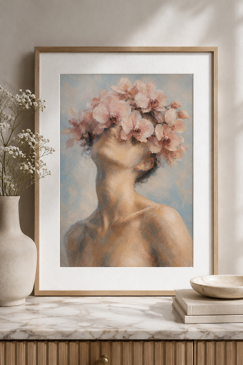 Thumbnail: Pink Blossom Crown Male Portrait Art Print, Floral Male Portrait Wall Decor