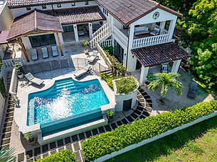 Aerial view of the pool terrace at Carolina del Mar, a beachfront villa for a retreat in Costa Rica