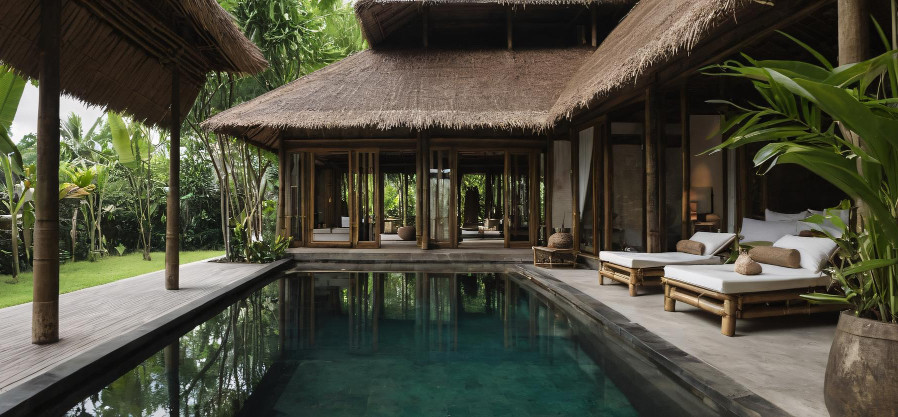 Thatched-roof pavilion beside a private pool at a luxury villa for a wellness retreat in Costa Rica