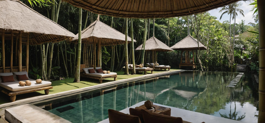 Poolside daybeds under thatched cabanas in a tropical garden, a place to rest on a wellness retreat in Costa Rica