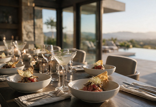 Private chef dinner for a group retreat in Costa Rica, with tuna tartare served on a long table at a luxury villa overlooking the pool at sunset