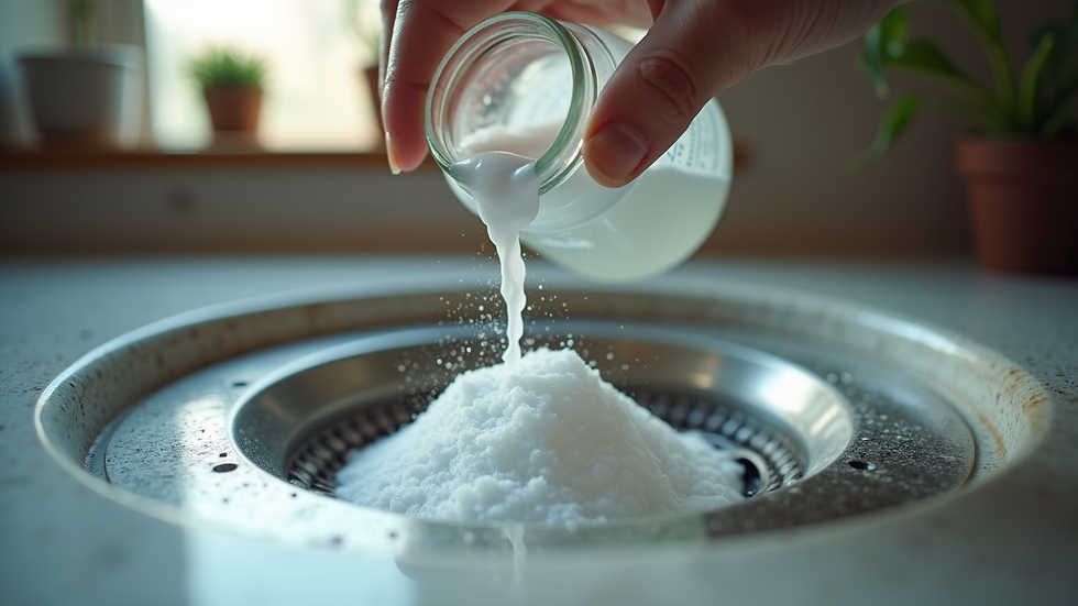 Close-up view of a kitchen sink drain with vinegar and baking soda being poured