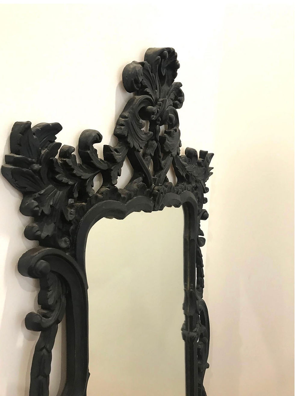 Thumbnail: Hollywood Regency Rococo Mirror with Carved Wood Frame in Black, Italy C. 1970's