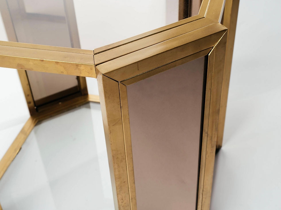Thumbnail: Pair of Hollywood Regency Brass and Tinted Glass Side Tables, c. 1970's