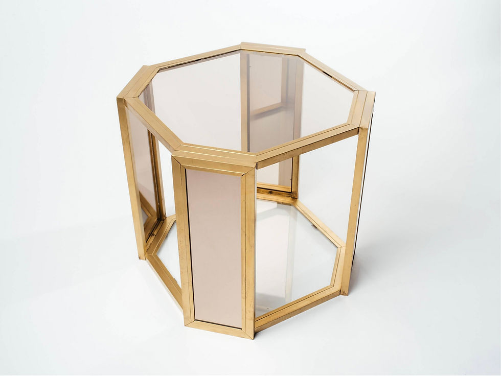 Thumbnail: Pair of Hollywood Regency Brass and Tinted Glass Side Tables, c. 1970's
