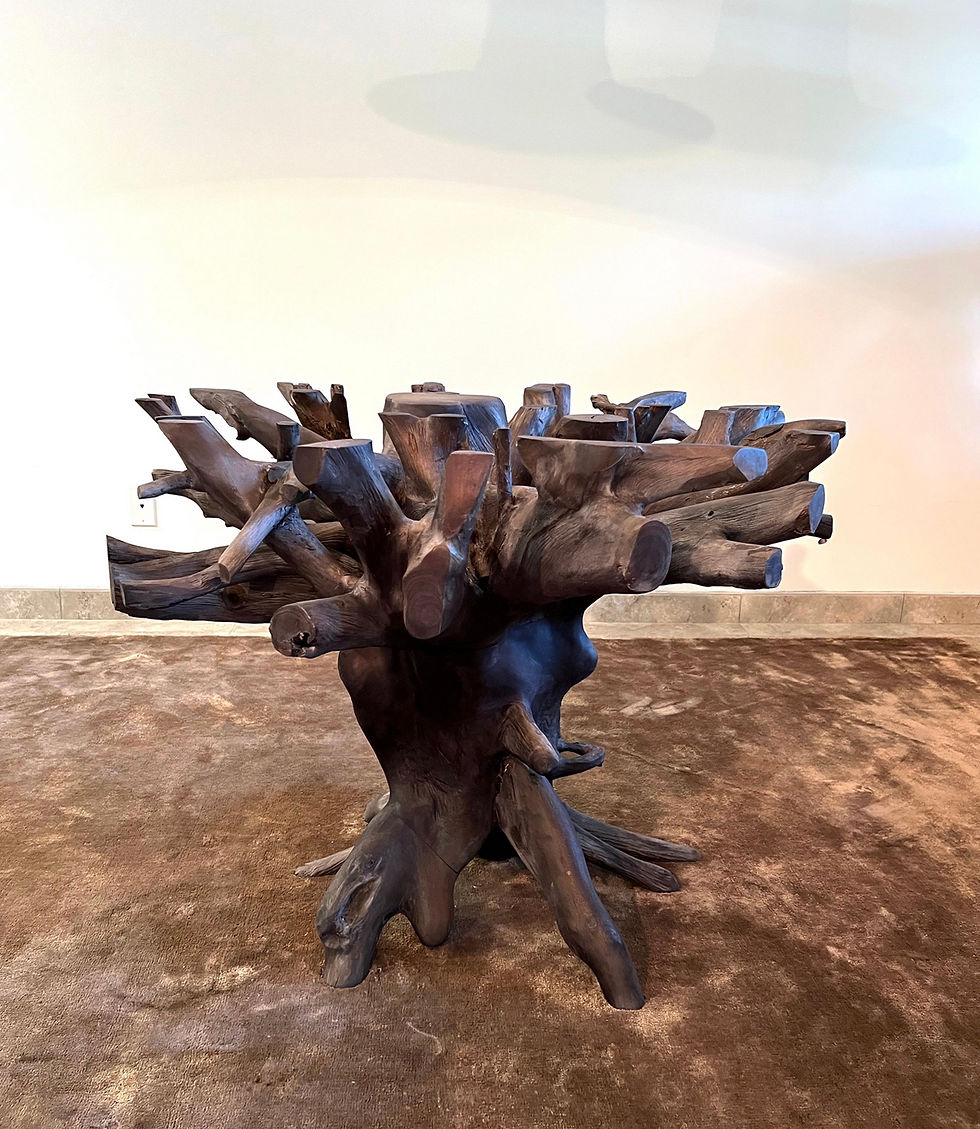 Thumbnail: Round Dining Table in Reclaimed Charred Teak Root Wood and Glass, Indonesia