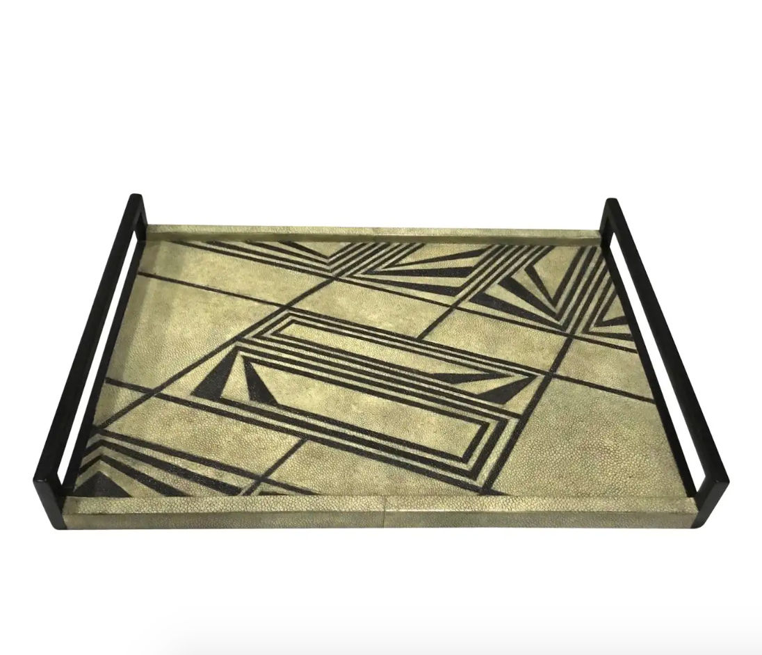 Vintage R & Y Augousti Shagreen Tray with Geometric Design in Taupe and Black