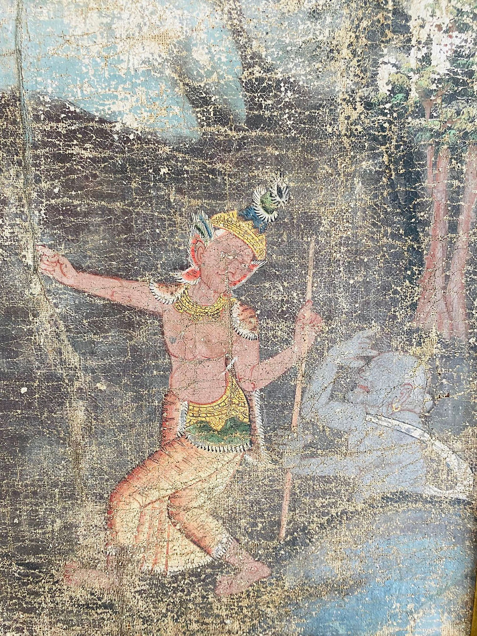 Thumbnail: Distressed Thai Painting of Temple Dancer and Buddhist Monkey God, c. 1950