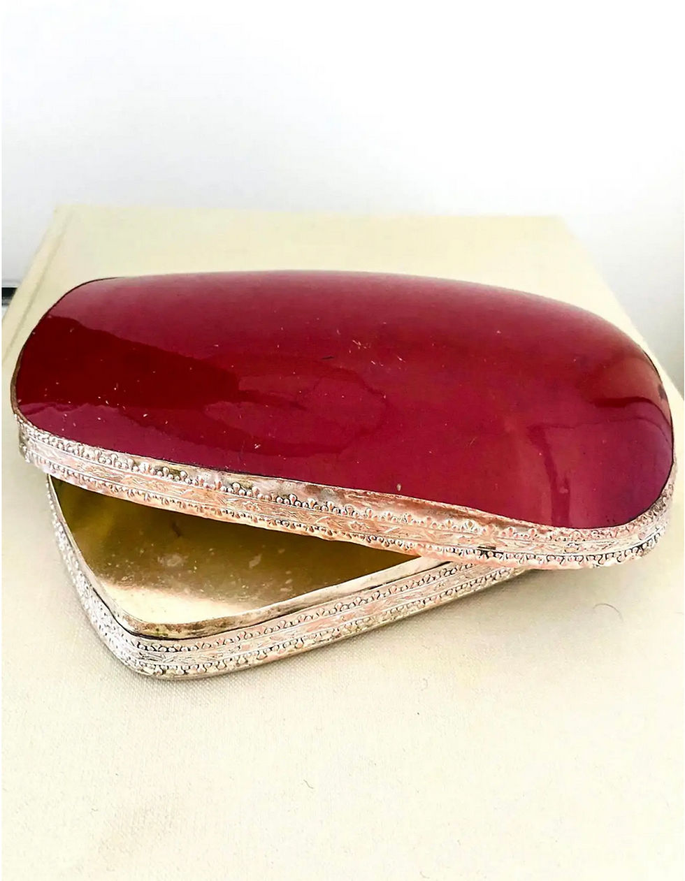 Thumbnail: Chinese Silver Trinket Box with Antique Oxblood Porcelain Inset, c. 1945