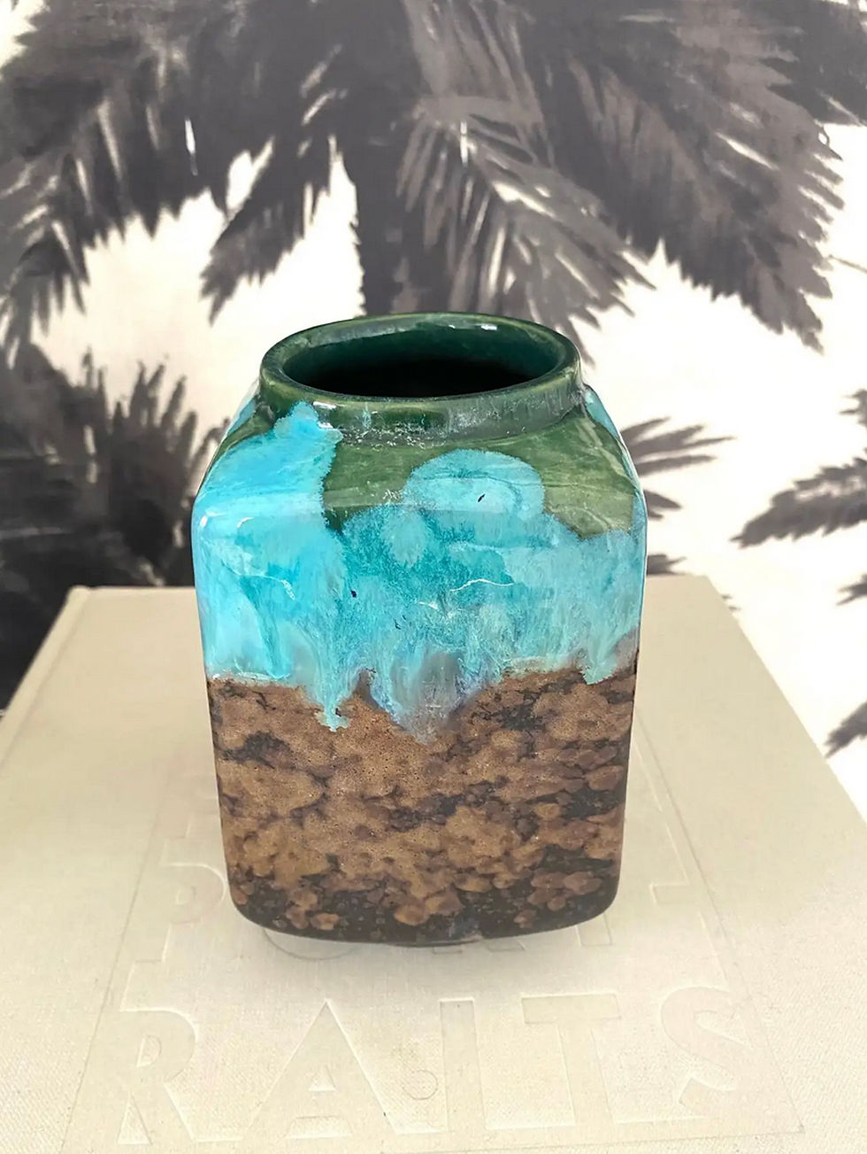 Thumbnail: German Raku Pottery Vase with Turquoise Drip Glaze by Strehla, c. 1960's