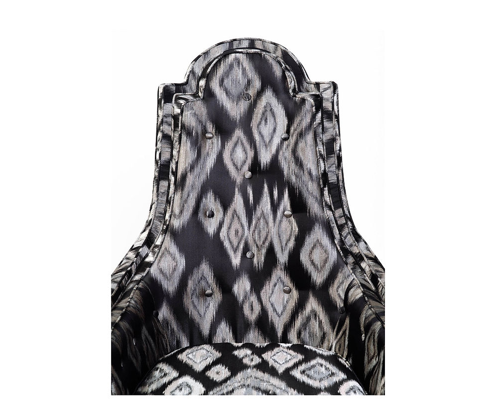 Thumbnail: Hollywood Regency Skirted High Back Chair in Black and Silver Ikat