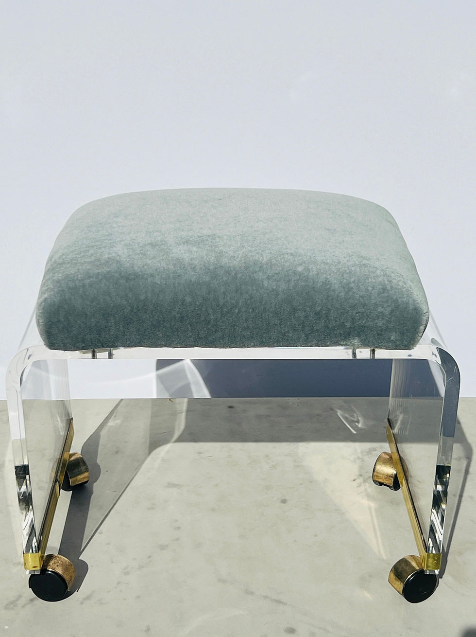 Thumbnail: Vintage Lucite Vanity Stool Upholstered in Pierre Frey's Teddy Mohair Celadon