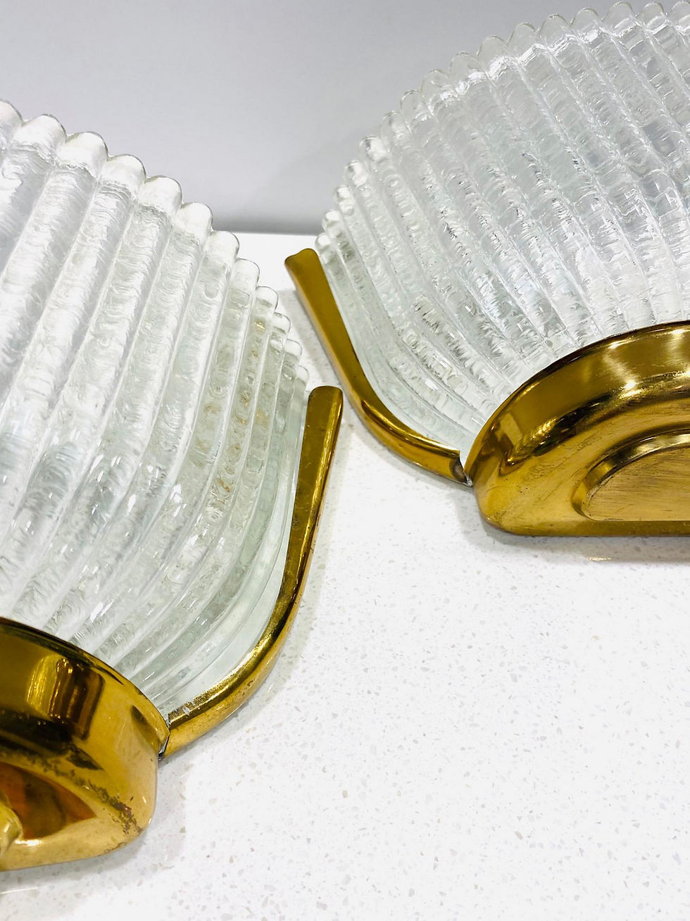 Thumbnail: Pair of Italian Murano Glass Sconces with Brass Frames by Seguso, c. 1940's