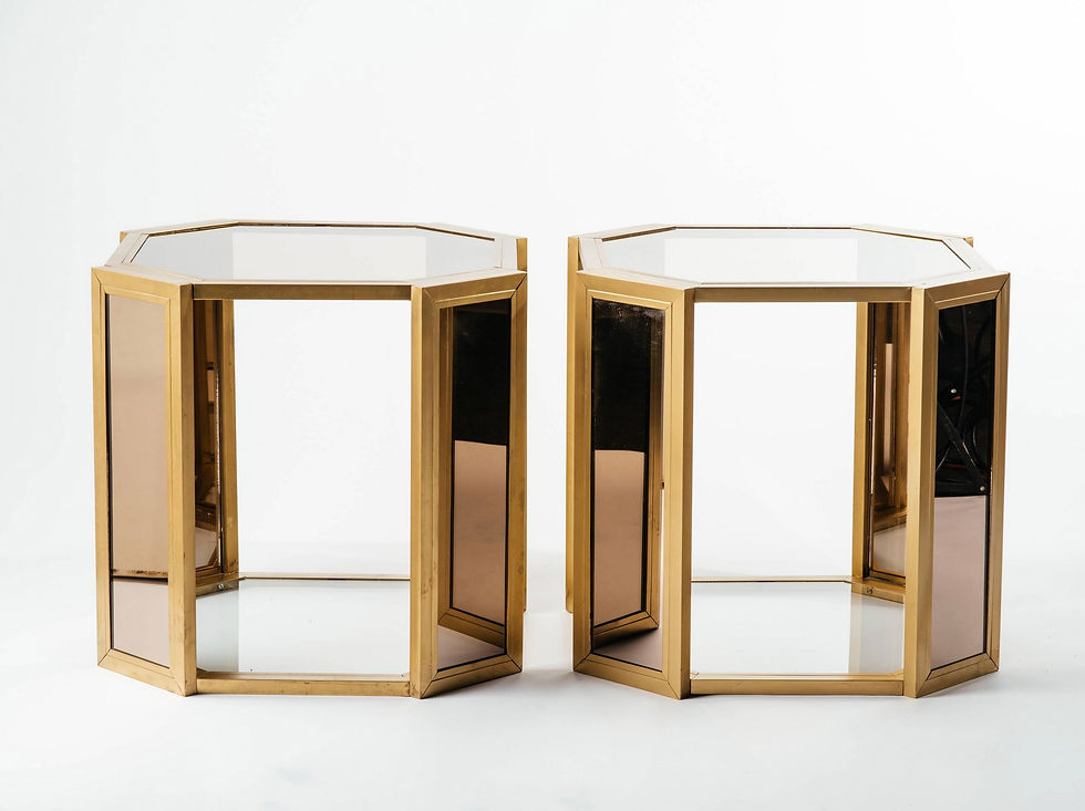 Thumbnail: Pair of Hollywood Regency Brass and Tinted Glass Side Tables, c. 1970's