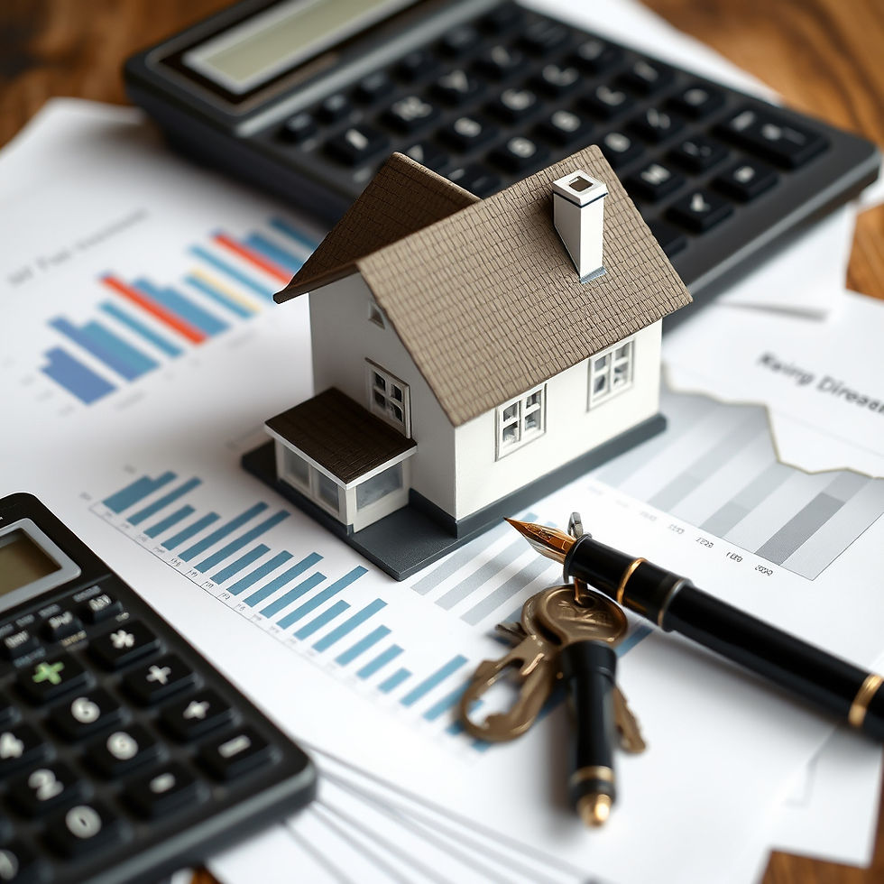 A little model of a house on a stack of papers. the papers show charts of financial gain o