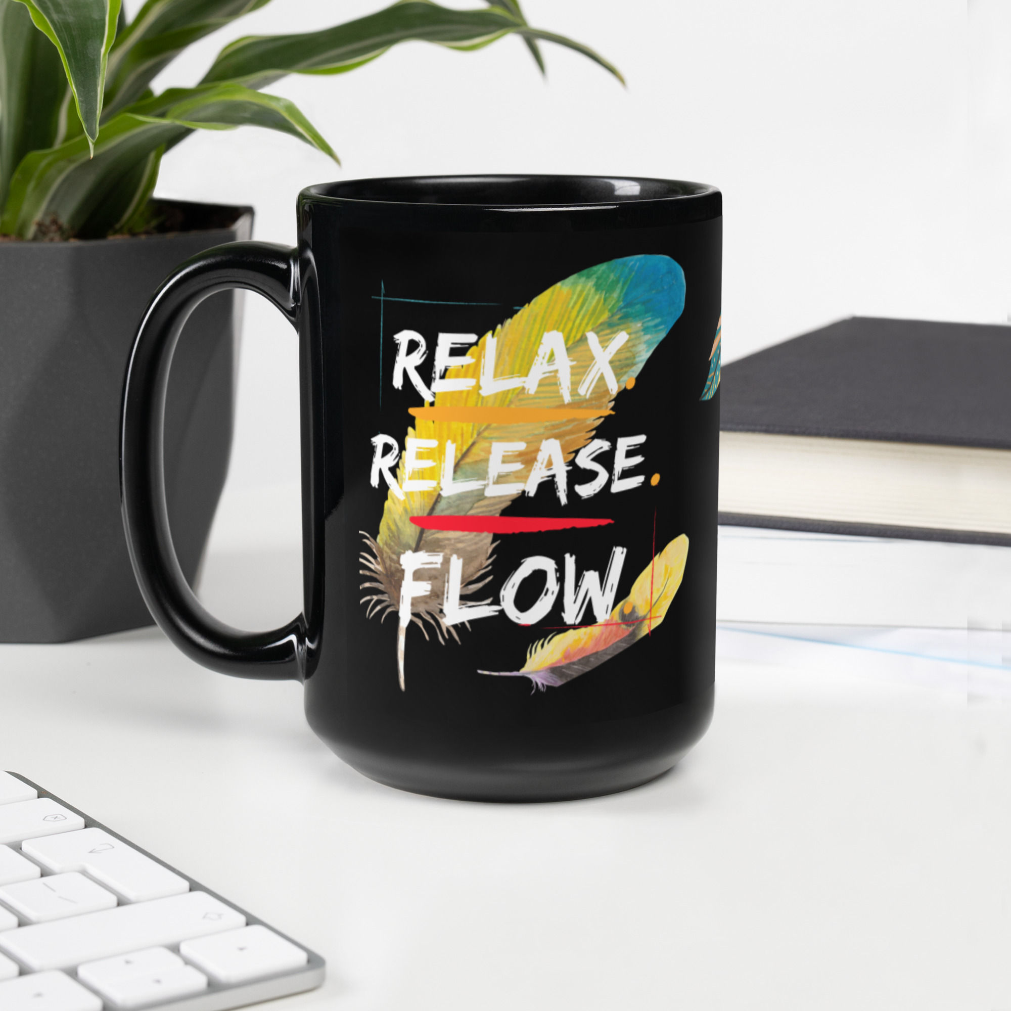 Relax Release. Flow. Black Glossy Mug