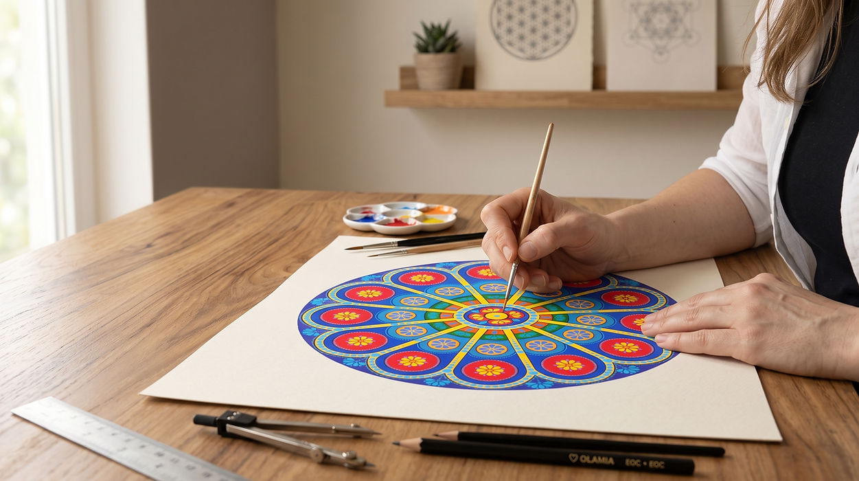 Mãos da artista Roberta Boscarin pintando a mandala autoral 