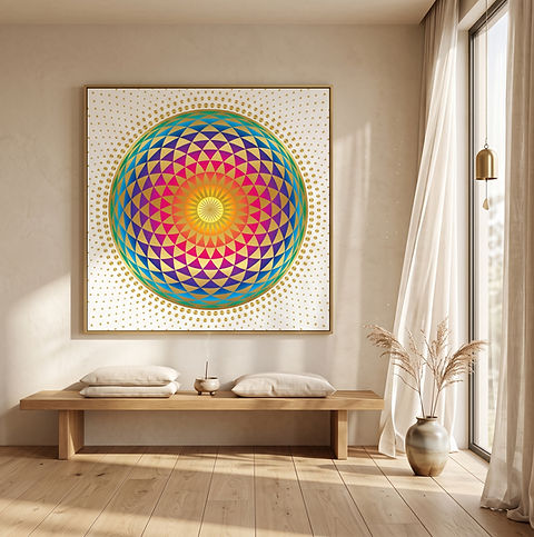 "Solar Harmony" mandala, elegantly framed, complementing a contemporary setting.