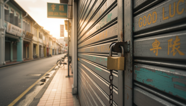 Eye-level view of a small padlock attached to a metal shutter at a closed neighbourhood shop.