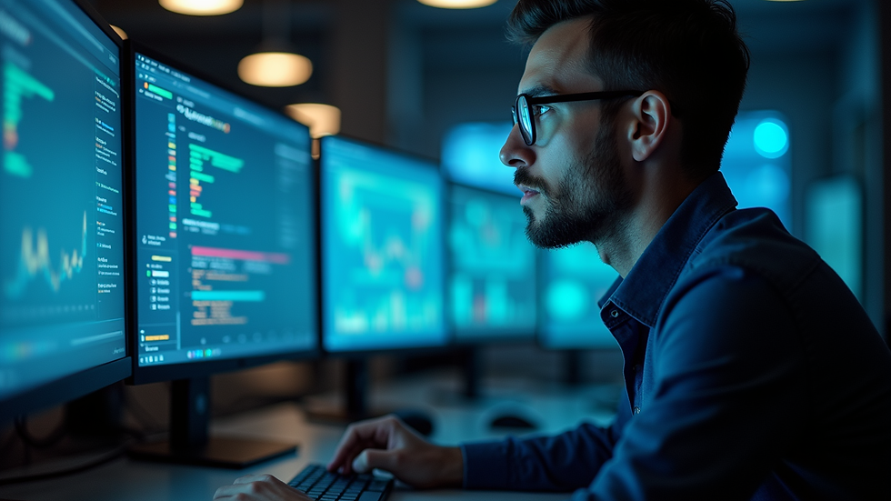 Close-up view of a cybersecurity professional analysing data on multiple screens