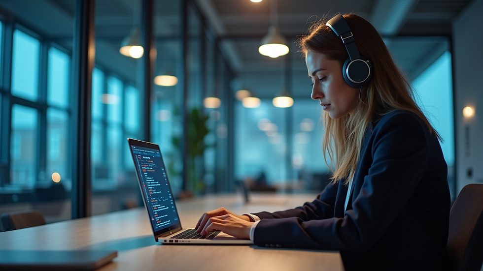 Eye-level view of a cybersecurity analyst working on a laptop in a modern office