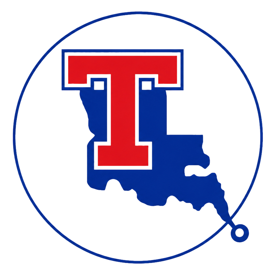 Logo avec un T rouge sur une forme bleue circulaire.