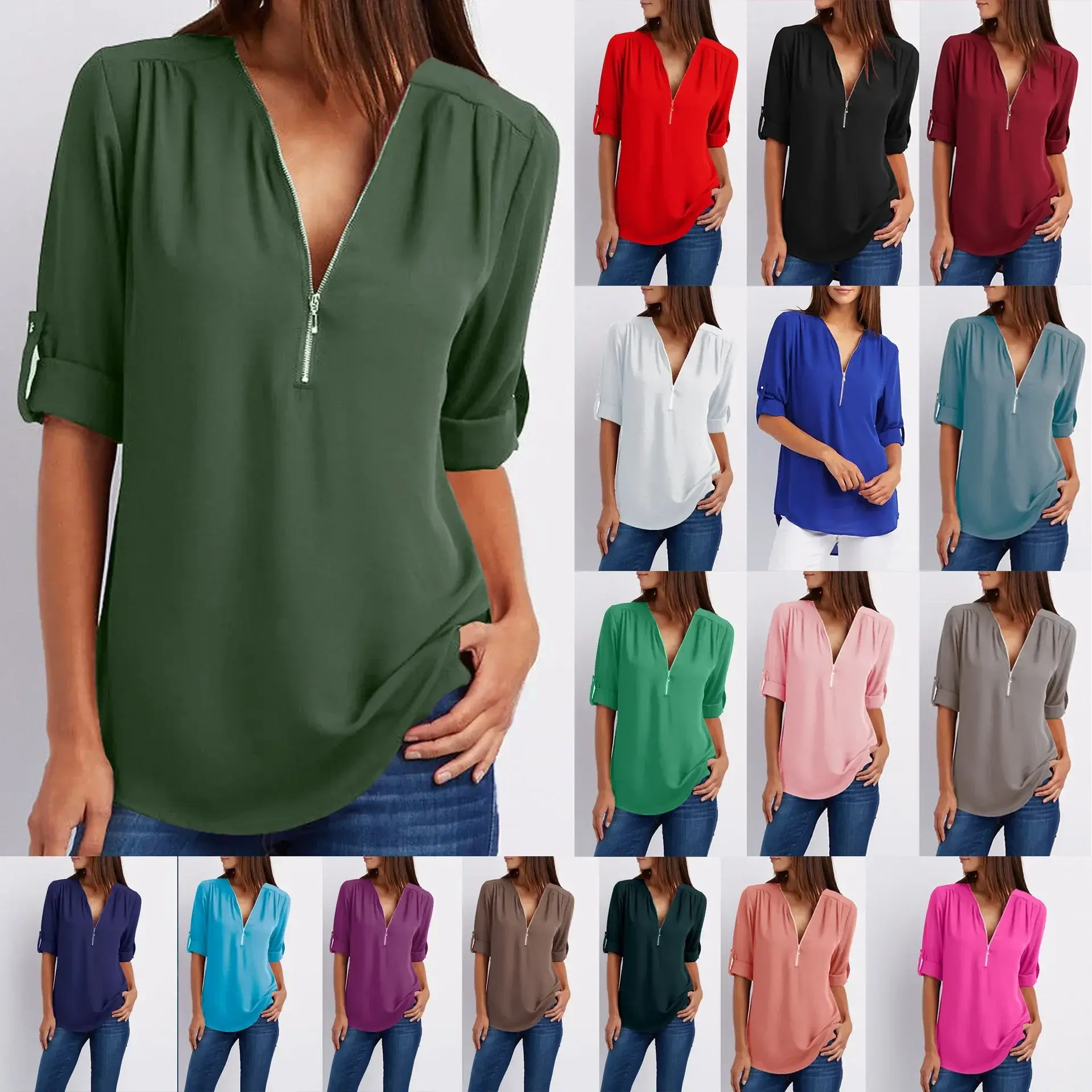 Summer Women Cool Loose Shirt Deep V Neck Chiffon Blouse Casual Ladies Tops Sexy
