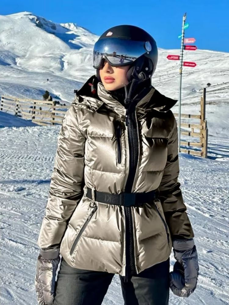 2025 Women Winter Hooded Down Jackets With Belt Lady Warm Thick Long Sleeve Stan