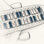 Sketch of an aircraft seating plan with red crosses marking unavailable seats, navy accents and the CET logo.