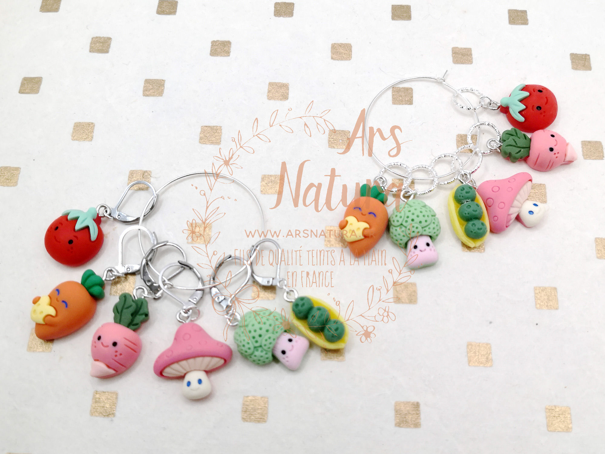 Set de marqueurs de mailles LEGUMES - 6 marqueurs colorés, dormeuses/anneaux