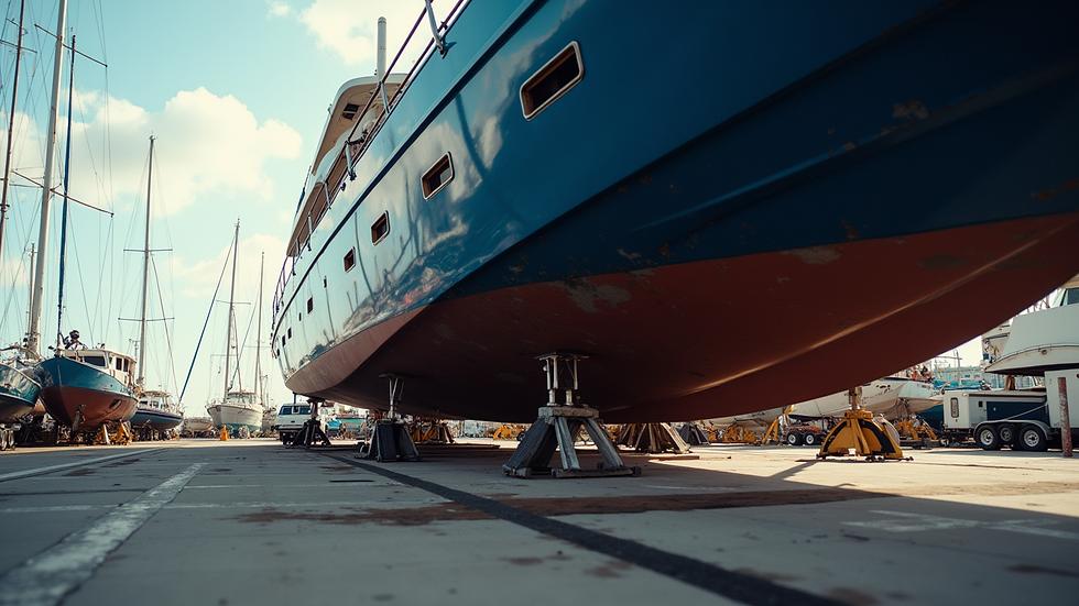 Eye-level view of a motor yacht hull being repaired at a dock